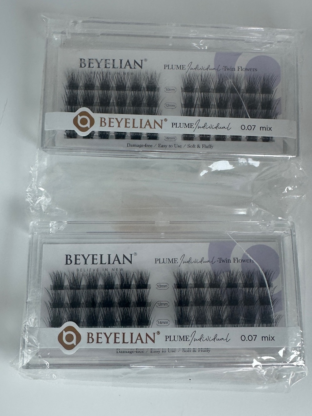 Lot of 2 BEYLIAN Plume Individual Twin Flowers Eyelashes, 10mm-16mm